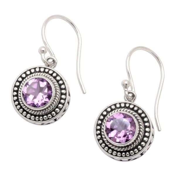Alternate image for Balinese Round Sterling Silver and Amethyst Dangle Earrings Fascinated Gaze