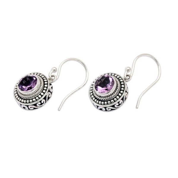 Alternate image for Balinese Round Sterling Silver and Amethyst Dangle Earrings Fascinated Gaze