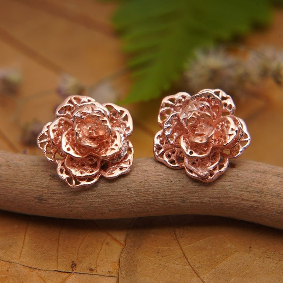 Polished Floral 18k Rose Gold-Plated Button Earrings 'Primaveral Rose'