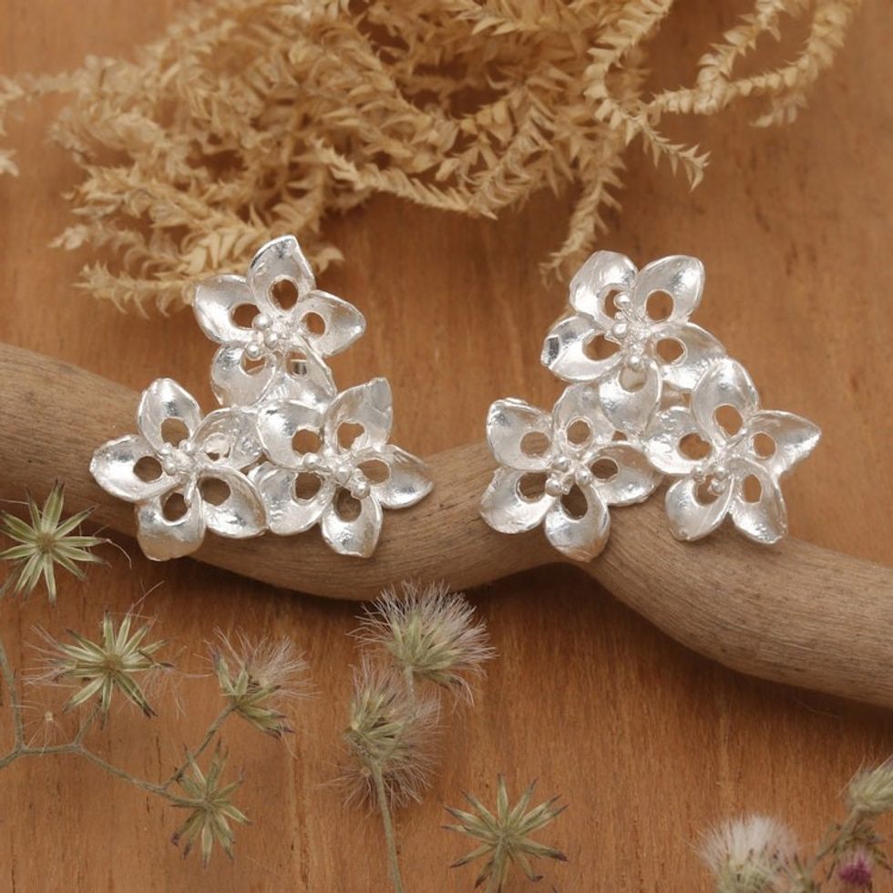 Matte Finished Floral Sterling Silver Button Earrings 'Enchanted Bouquet'