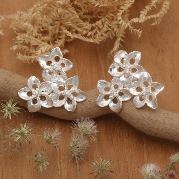 Alternate image for Matte Finished Floral Sterling Silver Button Earrings Enchanted Bouquet