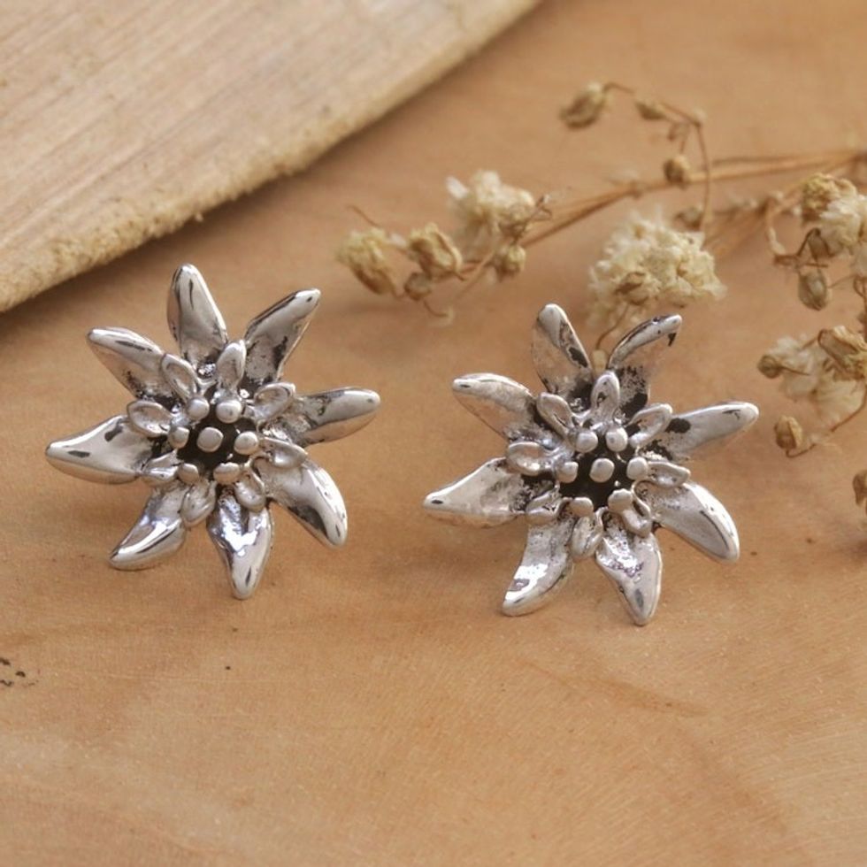 Sterling Silver Floral Drop Earrings Crafted in Bali 'Bloom Beauty'