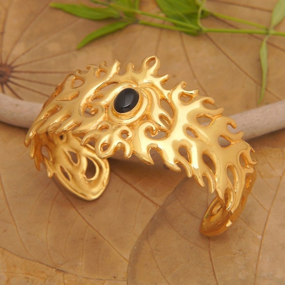 Traditional 22k Gold-Plated Cuff Bracelet with Onyx Cabochon 'Flaming Mysticism'