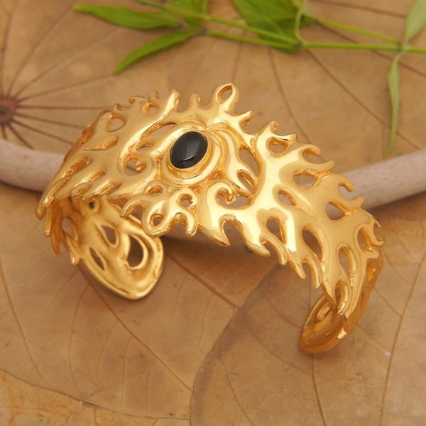 Alternate image for Traditional 22k Gold-Plated Cuff Bracelet with Onyx Cabochon Flaming Mysticism