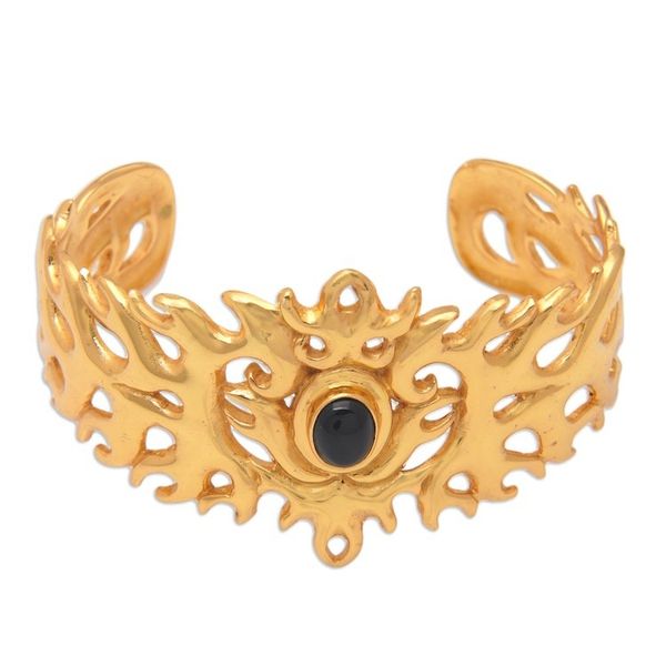 Alternate image for Traditional 22k Gold-Plated Cuff Bracelet with Onyx Cabochon Flaming Mysticism