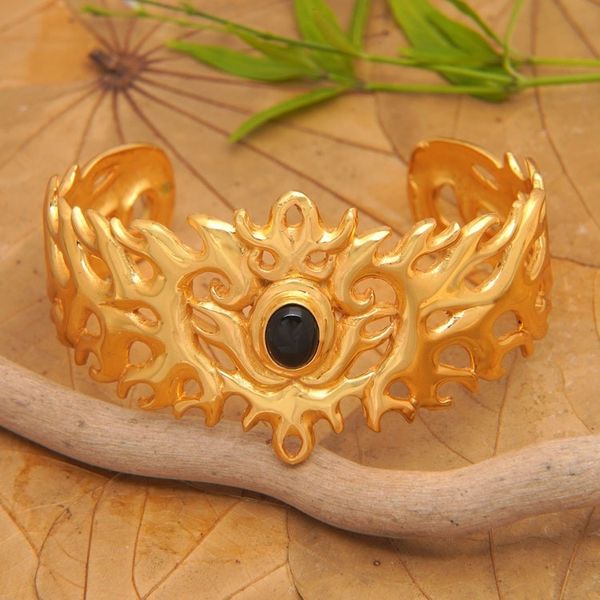 Alternate image for Traditional 22k Gold-Plated Cuff Bracelet with Onyx Cabochon Flaming Mysticism