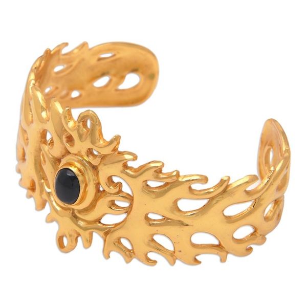 Alternate image for Traditional 22k Gold-Plated Cuff Bracelet with Onyx Cabochon Flaming Mysticism