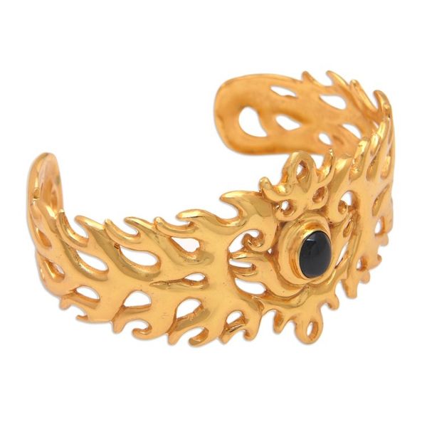 Alternate image for Traditional 22k Gold-Plated Cuff Bracelet with Onyx Cabochon Flaming Mysticism