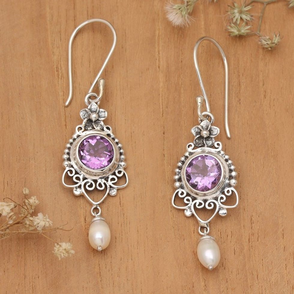 Silver Dangle Earrings with Amethyst Stone Cultured Pearl 'Sublime Purple'