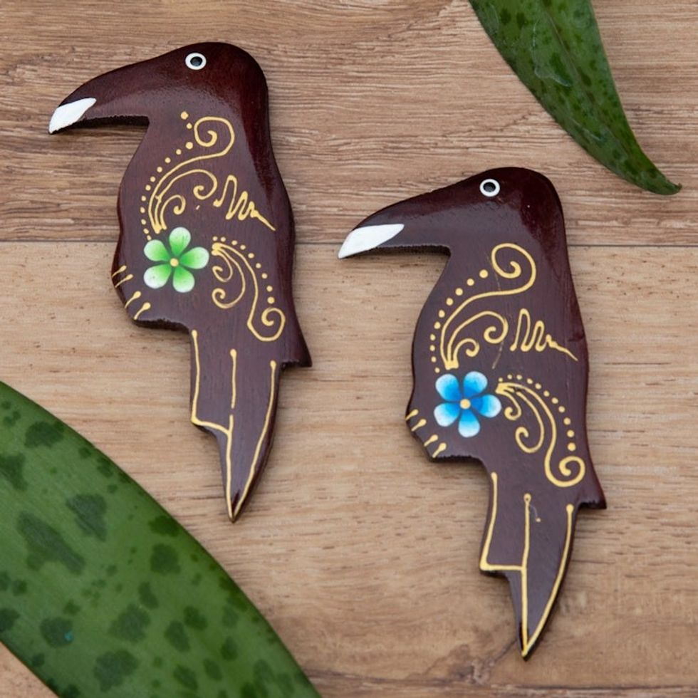 Set of 2 Painted Floral Starling Bird-Shaped Wood Magnets 'Paradisial Starlings'