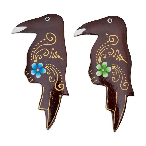 Alternate image for Set of 2 Painted Floral Starling Bird-Shaped Wood Magnets Paradisial Starlings