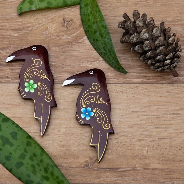 Alternate image for Set of 2 Painted Floral Starling Bird-Shaped Wood Magnets Paradisial Starlings