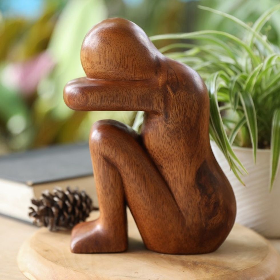 Hand-Carved Suar Wood Sculpture Crafted in Bali 'Lonely'