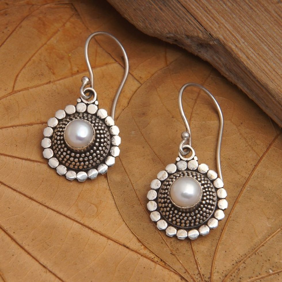 Round Sterling Silver Dangle Earrings with Cultured Pearls 'Ancestral Core'