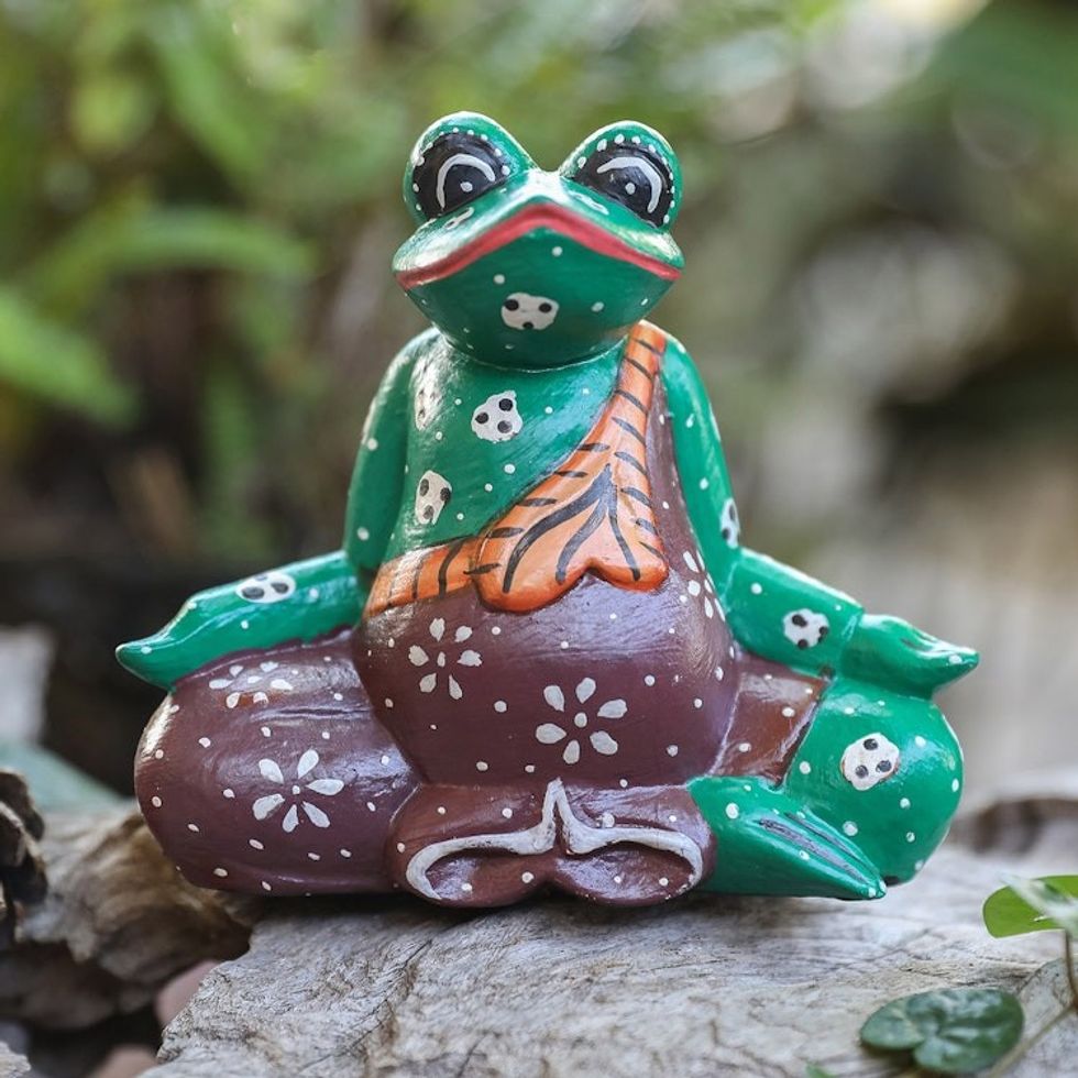 Hand-Carved and Hand-Painted Meditating Frog Wood Figurine 'Contemplating Frog'