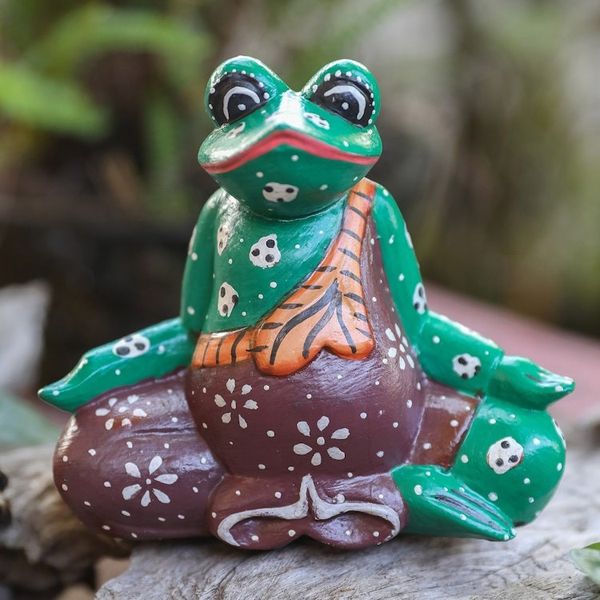 Alternate image for Hand-Carved and Hand-Painted Meditating Frog Wood Figurine Contemplating Frog
