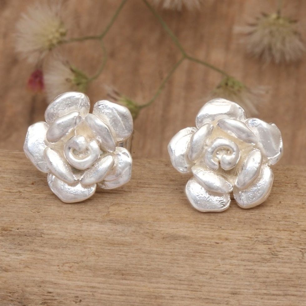 Sterling Silver Floral Stud Earrings with Sandblasted Finish 'Blooming Glam'