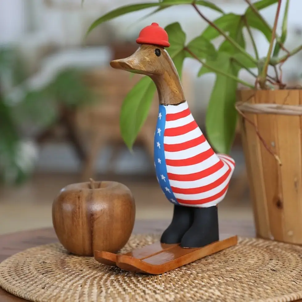 Handcrafted Bamboo Root and Teak Wood Skiing Duck Figurine 'Skiing for America'