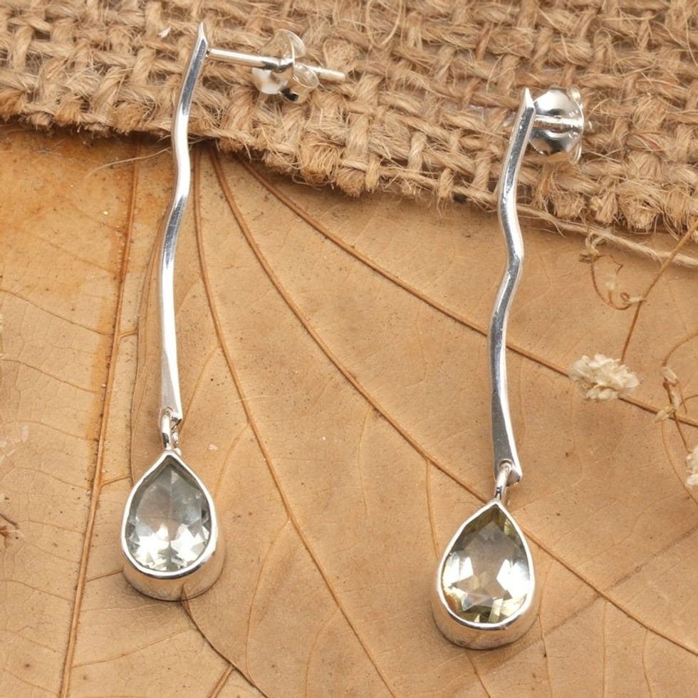 Sterling Silver Dangle Earrings with Prasiolite Gemstones 'Wavy Radiance'