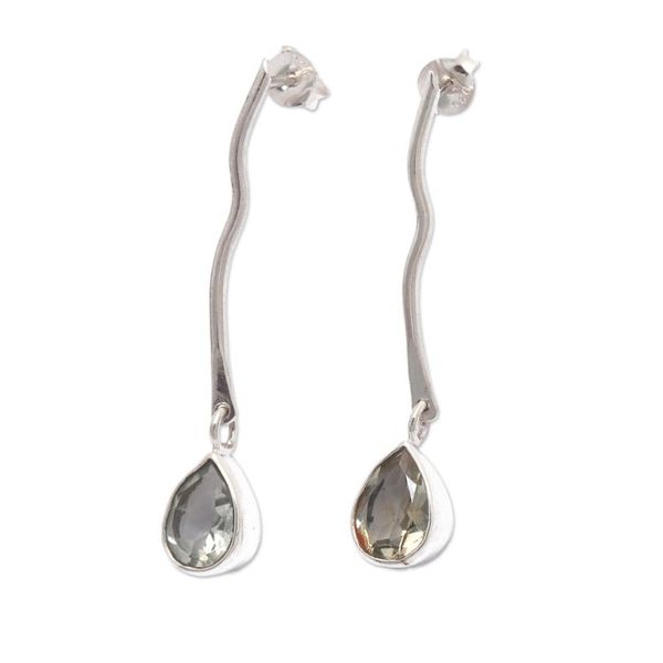 Alternate image for Sterling Silver Dangle Earrings with Prasiolite Gemstones Wavy Radiance
