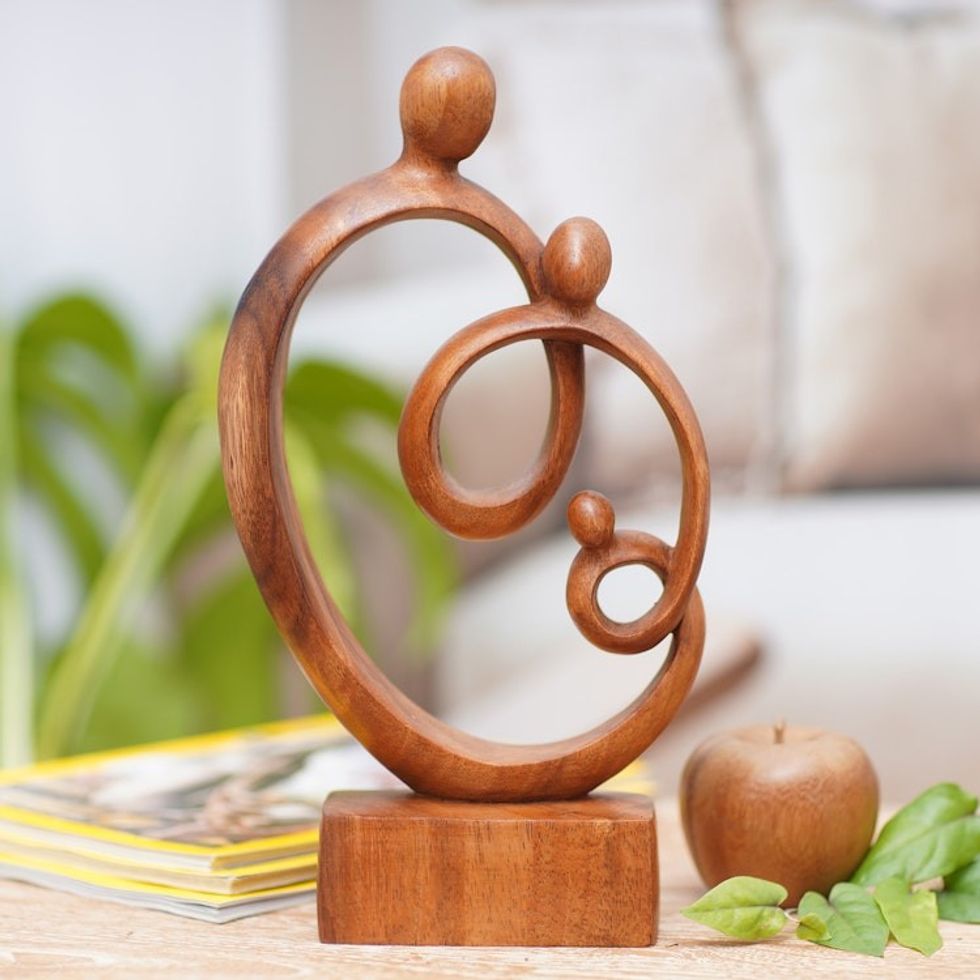Hand-Carved Semi-Abstract Suar Wood Family Sculpture 'Twists of Love'