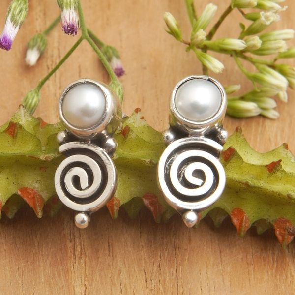 Alternate image for Sterling Silver Swirl Drop Earrings with Grey Pearls Innocence Swirls