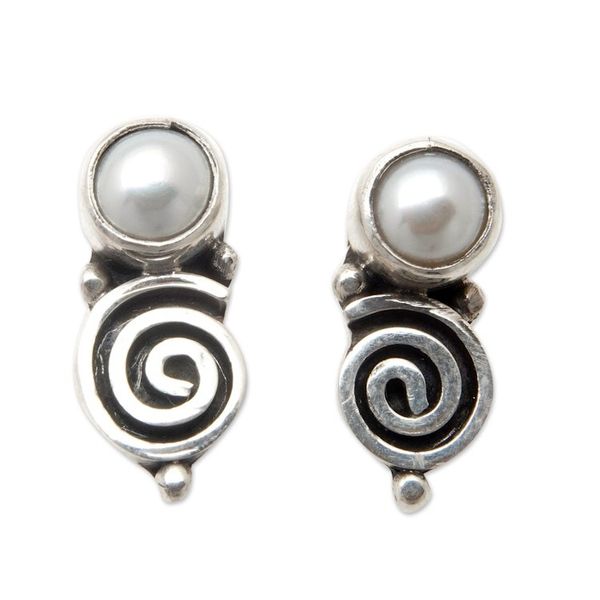 Alternate image for Sterling Silver Swirl Drop Earrings with Grey Pearls Innocence Swirls