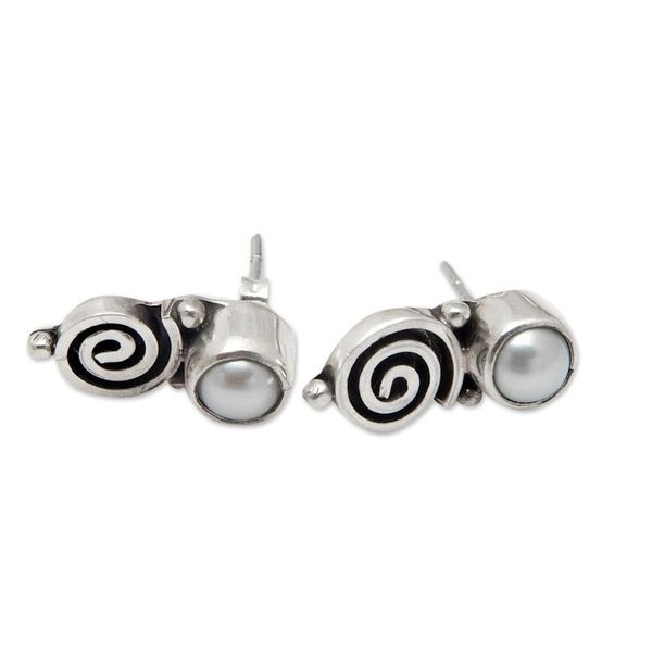 Alternate image for Sterling Silver Swirl Drop Earrings with Grey Pearls Innocence Swirls
