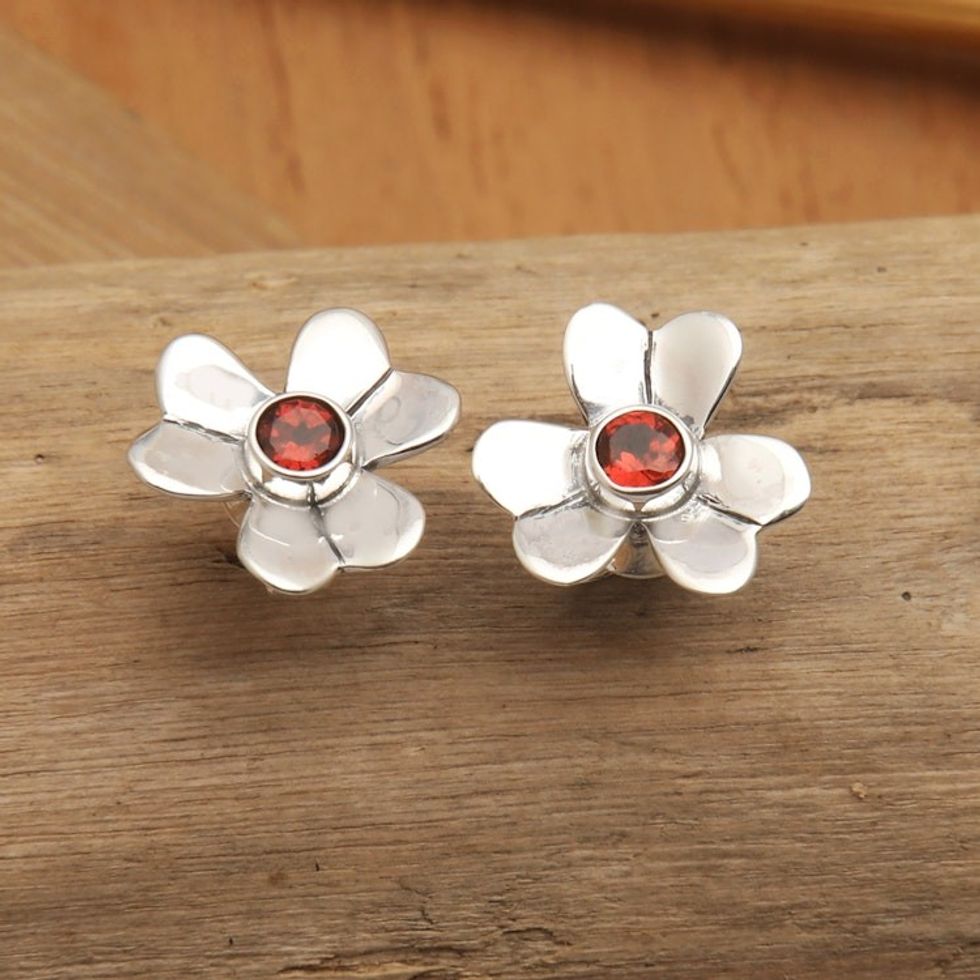 Sterling Silver Floral Button Earrings with Garnet Stone 'Symmetrical Flower'