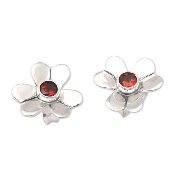 Alternate image for Sterling Silver Floral Button Earrings with Garnet Stone Symmetrical Flower