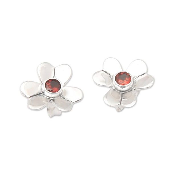 Alternate image for Sterling Silver Floral Button Earrings with Garnet Stone Symmetrical Flower
