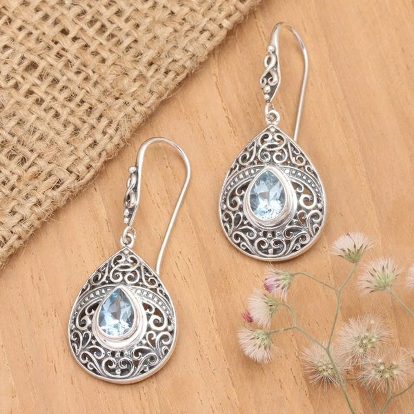 Alternate image for Traditional Two-Carat Faceted Blue Topaz Dangle Earrings Regal Paradise in Blue