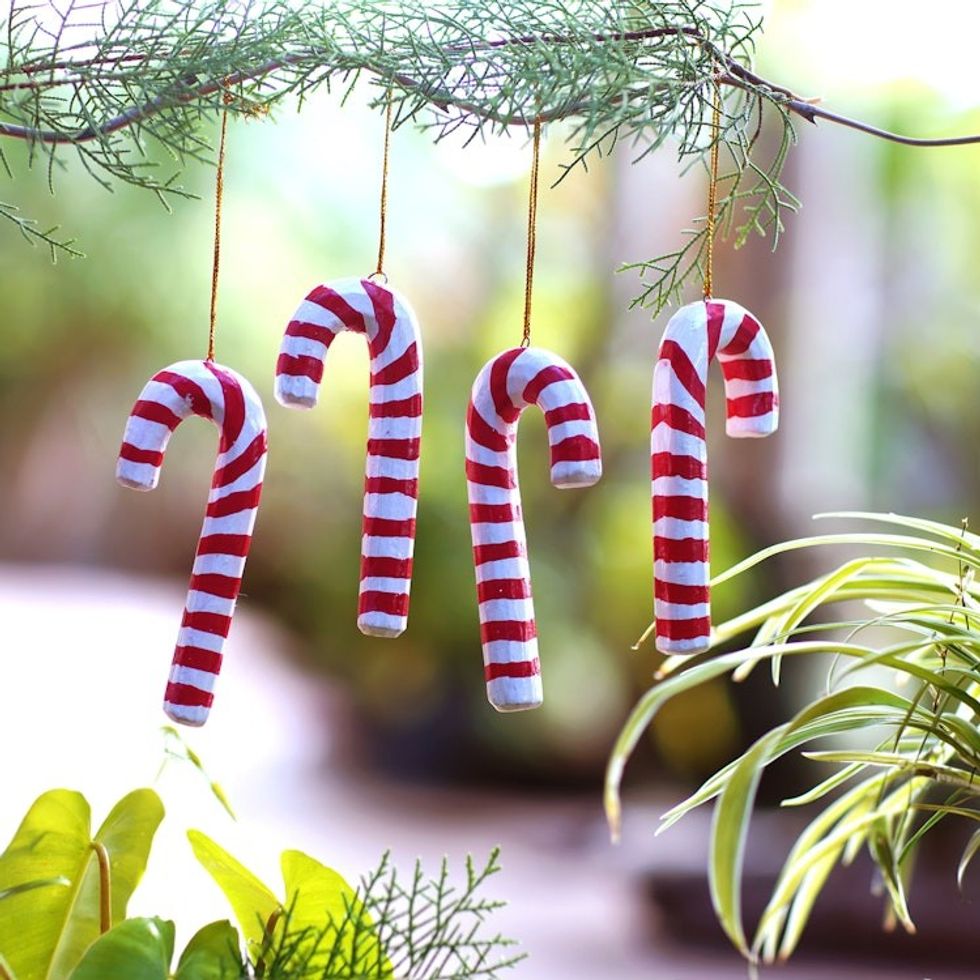 Set of 4 Red and White Candy Cane Albesia Wood Ornaments 'Santa Cane'