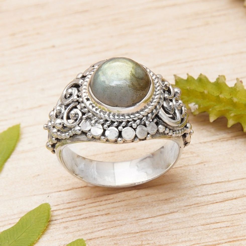 Traditional Natural Labradorite Cocktail Ring from Bali 'Majestic Transformation'