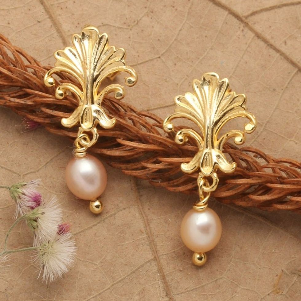 Baroque-Inspired 18k Gold-Plated Peach Pearl Dangle Earrings 'Romantic Tree'