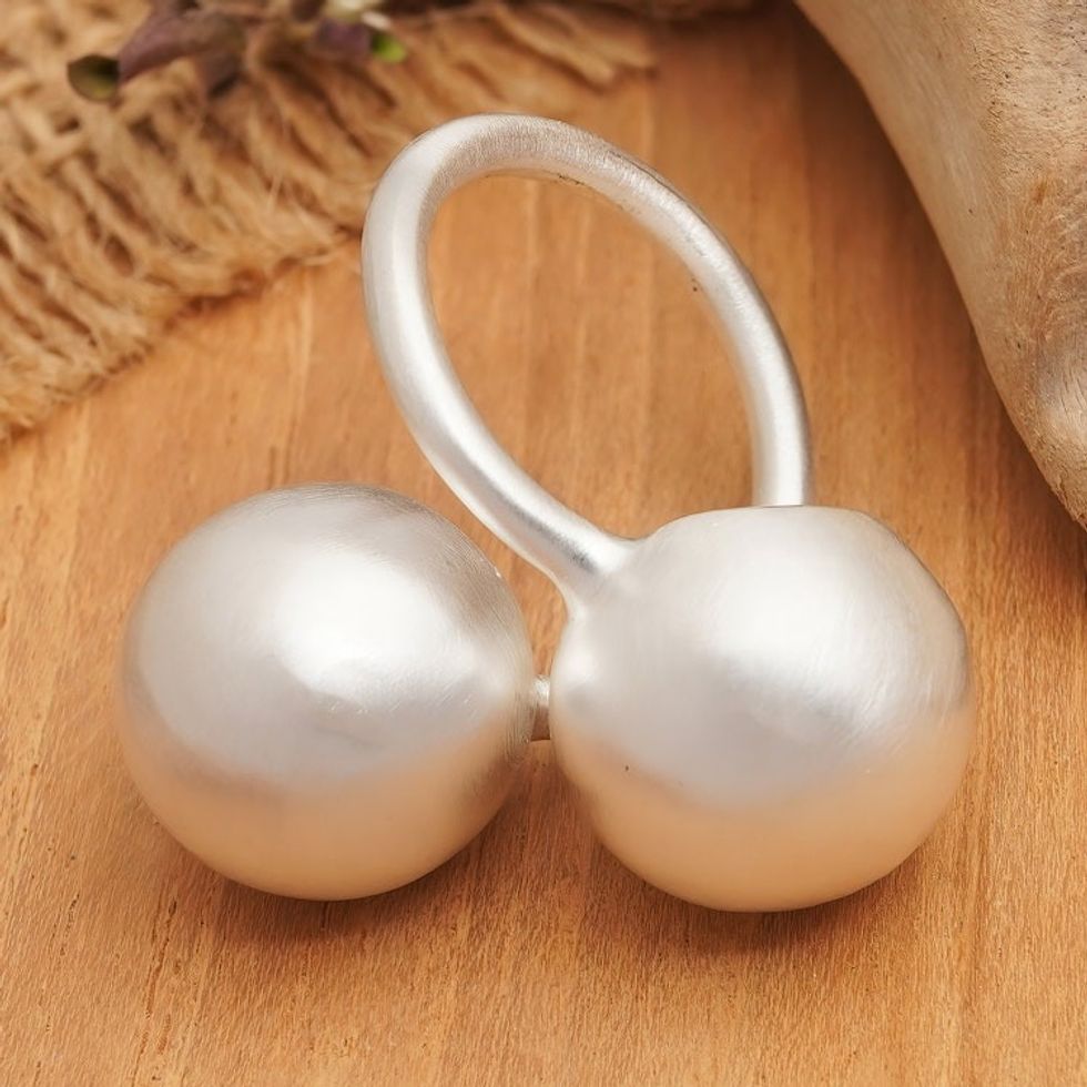 Sterling Silver Cocktail Ring with Two Front Matte Orbs 'Double Cosmos'