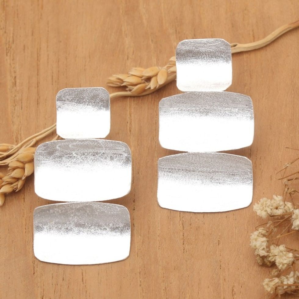 Brushed-Satin Modern Sterling Silver Dangle Earrings 'Metropolis Dame'