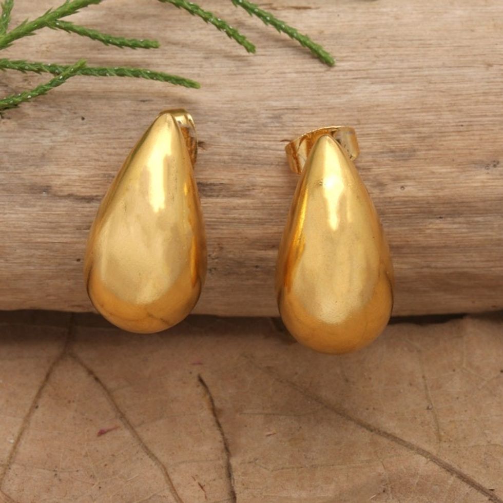 Polished 18k Gold-Plated Brass Drop Earrings from Bali 'Drops of Victory'