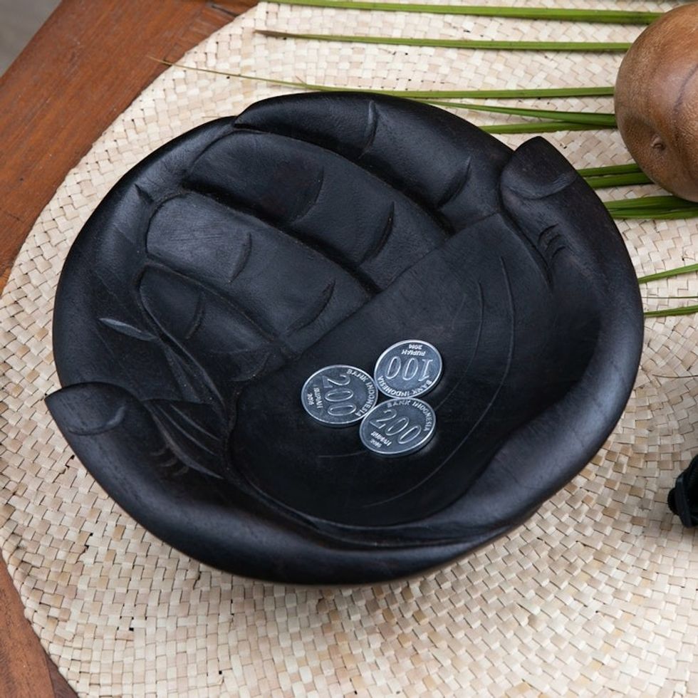 Hand-Carved Black Hand-Shaped Suar Wood Catchall 'Receiving Hands'