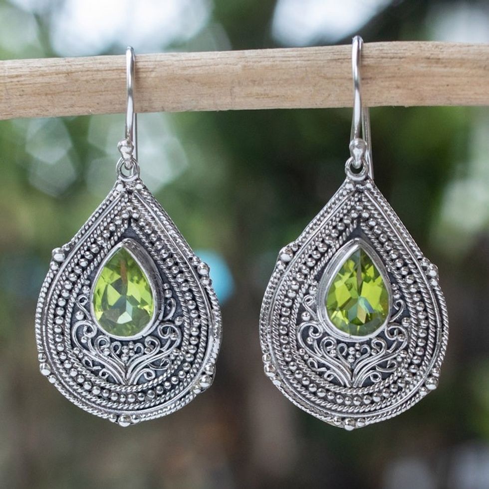 Teardrop Sterling Silver Dangle Earrings with Peridot Gems 'Princess Palace in Green'