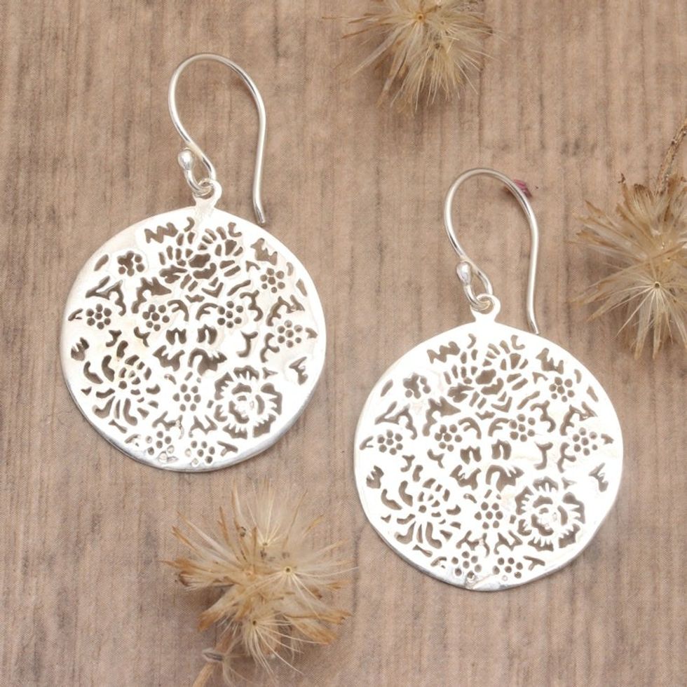 Floral and Leafy Round Sterling Silver Dangle Earrings 'Blooming Summer'