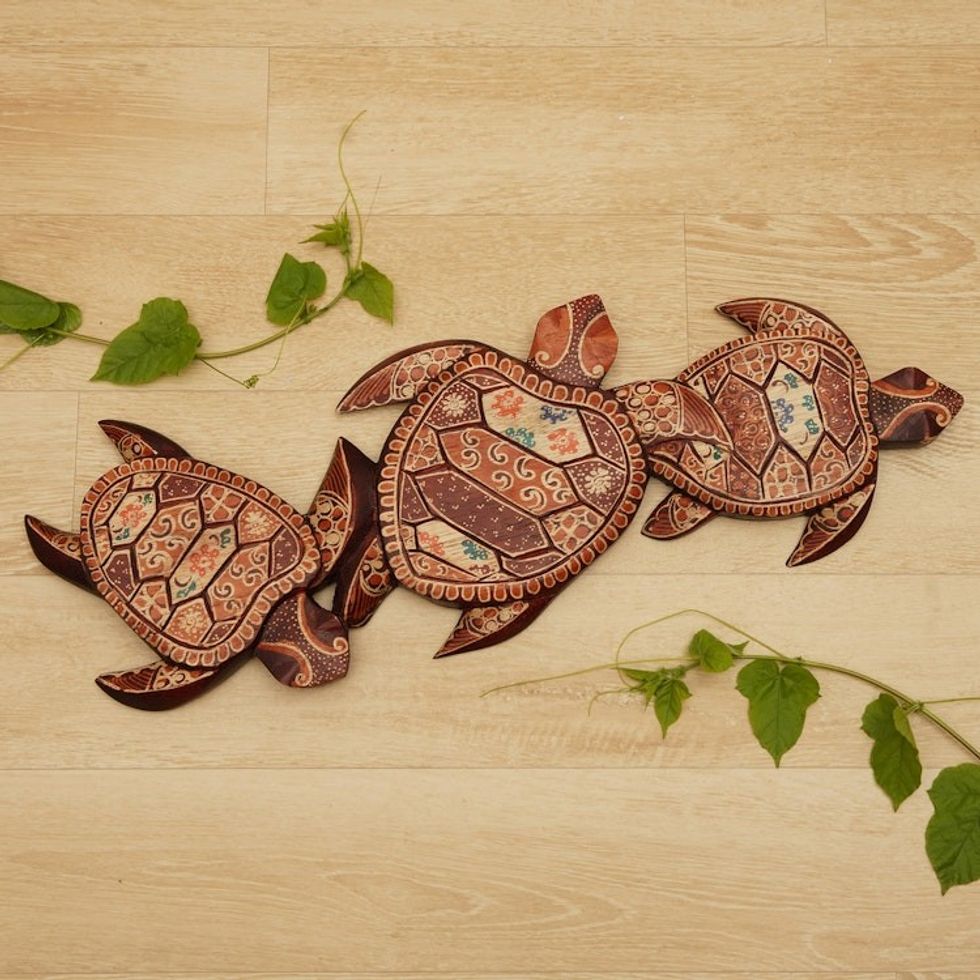 Handcrafted Batik Turtle-Themed Pule Wood Wall Art from Java 'Family Turtle'
