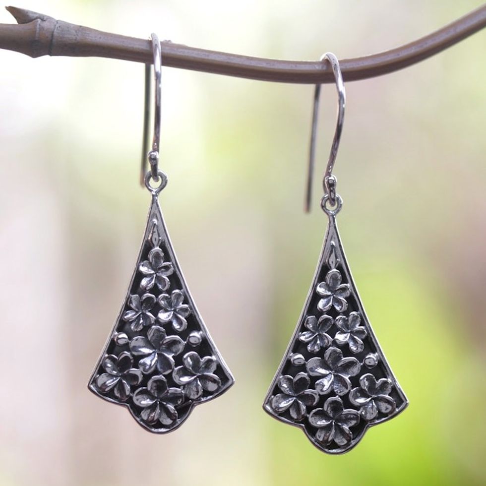 Sterling Silver Plumeria-Themed Dangle Earrings from Bali 'Plumeria Beauty'