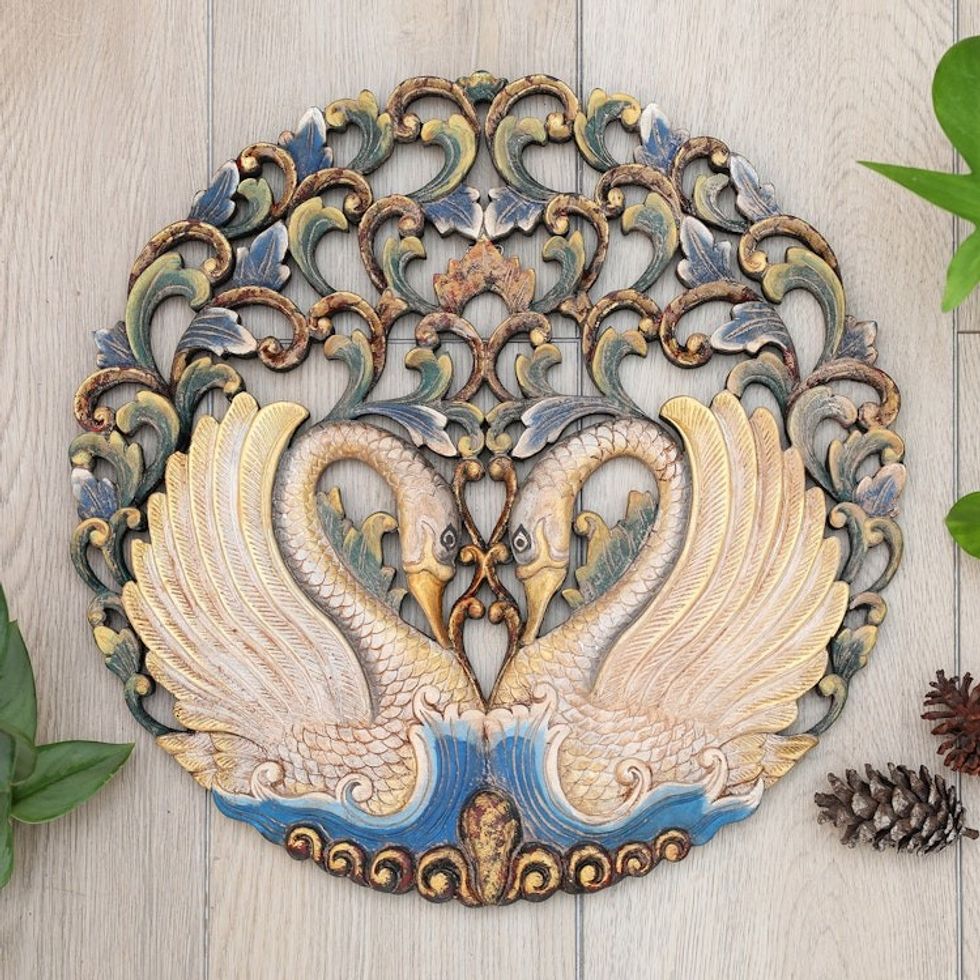 Hand-Painted Swan-Themed Suar Wood Relief Panel from Bali 'Swan Glory'