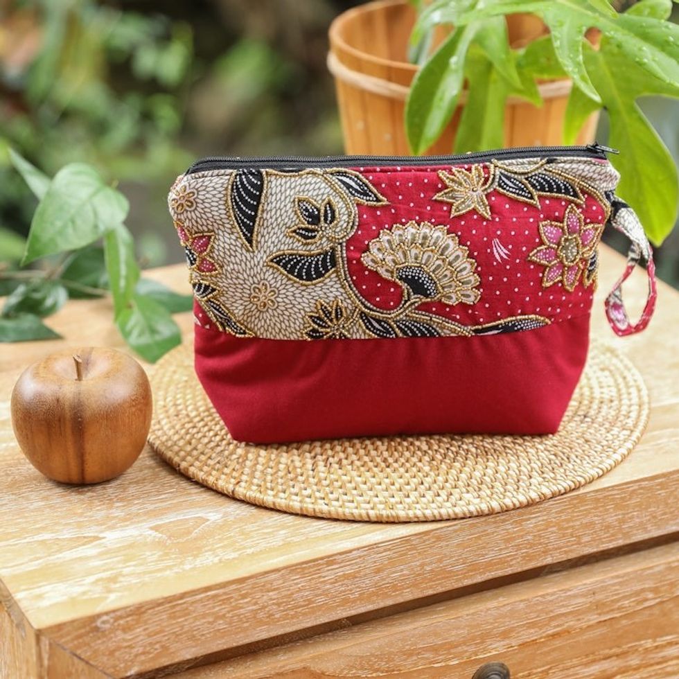 Embroidered Cotton Cosmetic Bag in Red with Batik Motif 'Red Blooming'