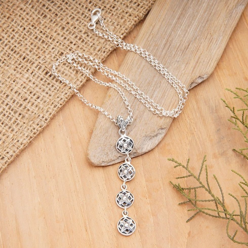 Polished Floral Sterling Silver Y Necklace from Bali 'Flower Heart'