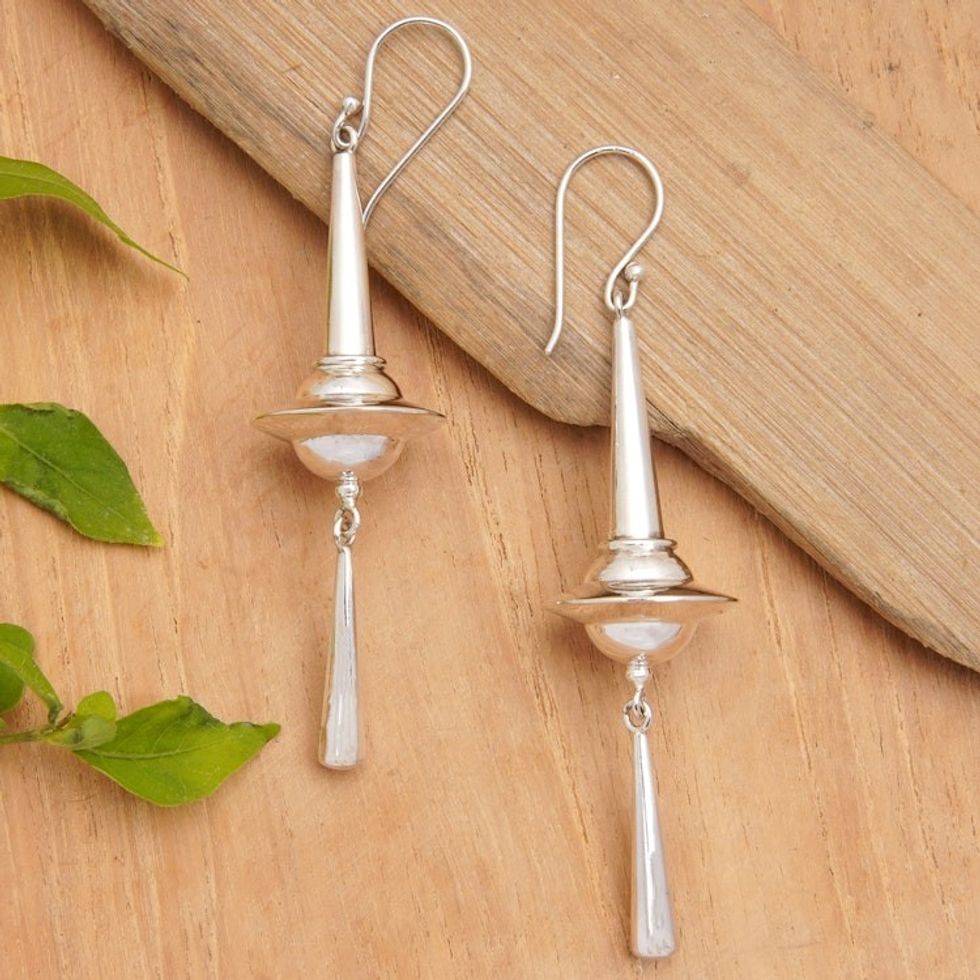 Polished Lantern-Themed Sterling Silver Dangle Earrings 'Luminous Lantern'