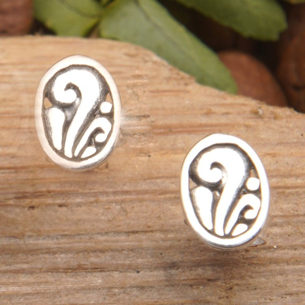 Sterling Silver Stud Earrings with Swirl Motifs from Bali 'Swirls of Joy'