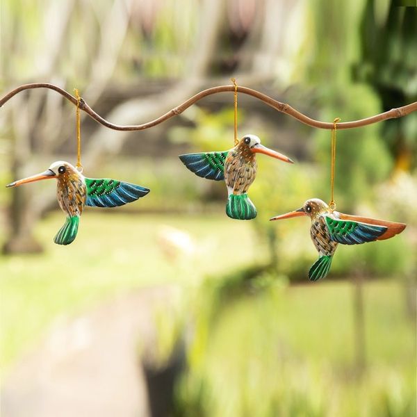 Alternate image for Set of 3 Hand-Painted Hummingbird Ornaments from Bali Hummingbird Joy