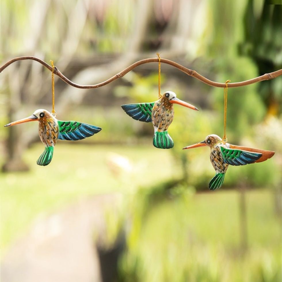 Set of 3 Hand-Painted Hummingbird Ornaments from Bali 'Hummingbird Joy'